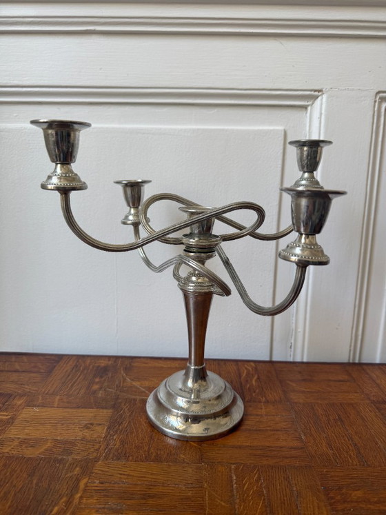 Image 1 of Lámpara de araña de metal plateado, fabricada en Inglaterra, 4 brazos, 5 orificios