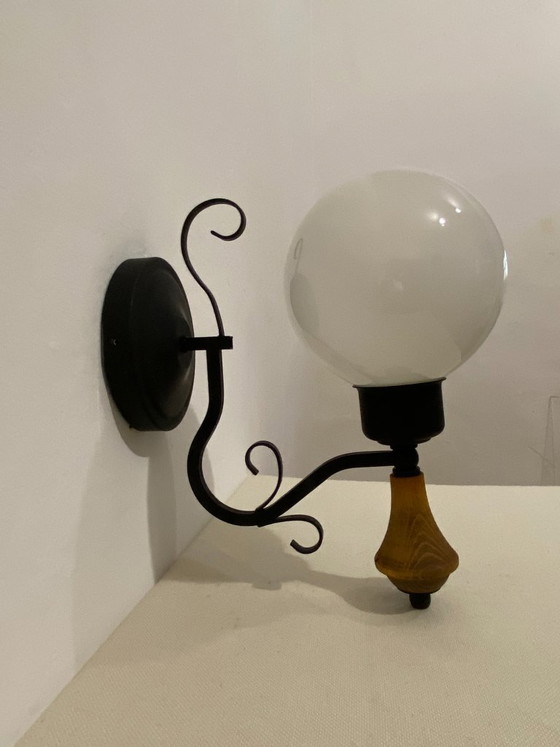 Vintage Opal Glass Globe Wall Lamp with Wood Detail, 1970s, Wall lights, Metal, Black (photo 9 of 16)