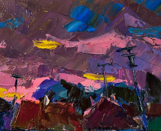Image 1 of Original Oil Painting Evening Village Landscape The beam fades leaving the world