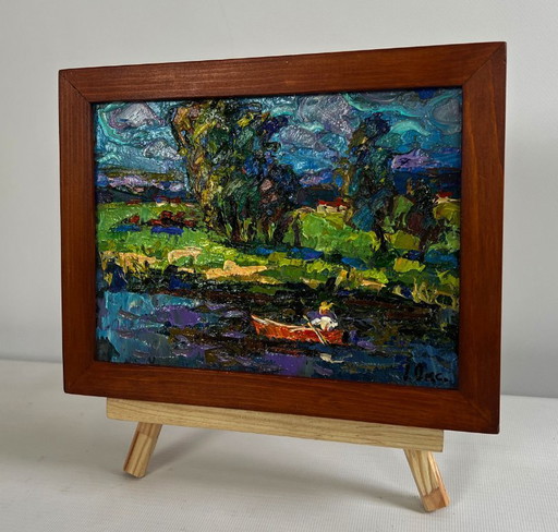 Original Oil Painting Summer Coastal Landscape Sunny day by the river