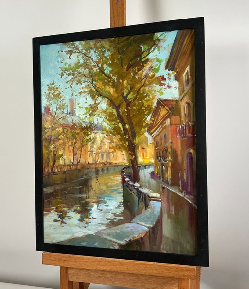 Original Oil Painting City River Landscape City alley with a river
