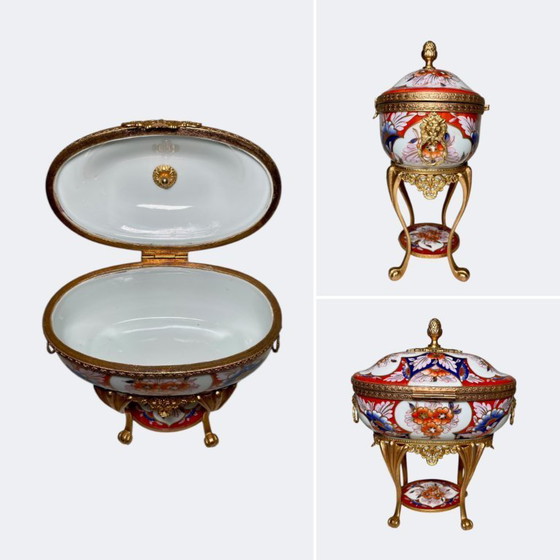 Image 1 of Limoges Porcelain Pair of Vases and Trinket Box - French Floral Imari Style Porcelain and Gilt Brass Mantel Centerpiece