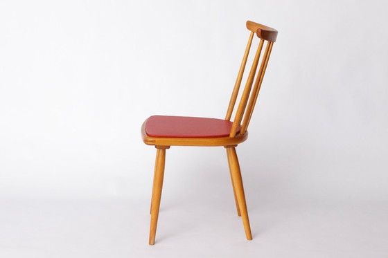 Image 1 of Vintage Beech Dining Chair with Original Red Faux Leather Seat – 1960s/70s Mid-Century German Design