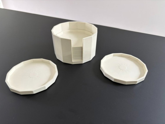 Image 1 of Vintage plastic coasters with holder | Set of 6 | Geometric | Cream