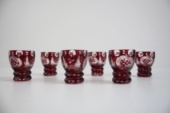 Image 1 of Antique Set of 36 pieces of Artistic cut Ruby red glass, Egermann, 1950's. 
