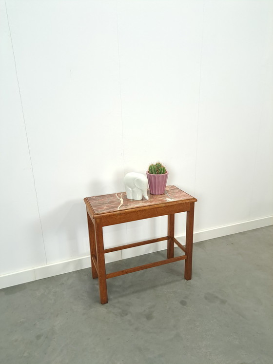 Image 1 of Oude Houten Tafel Met Marmeren Blad