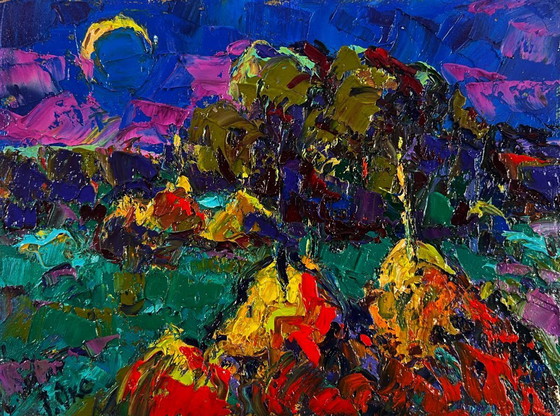 Image 1 of Original Oil Painting Summer Night Landscape Silence shining with a silver sky