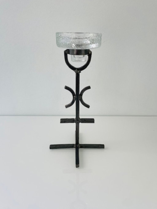 Rare chandelier brutaliste vintage – fer forgé et verre