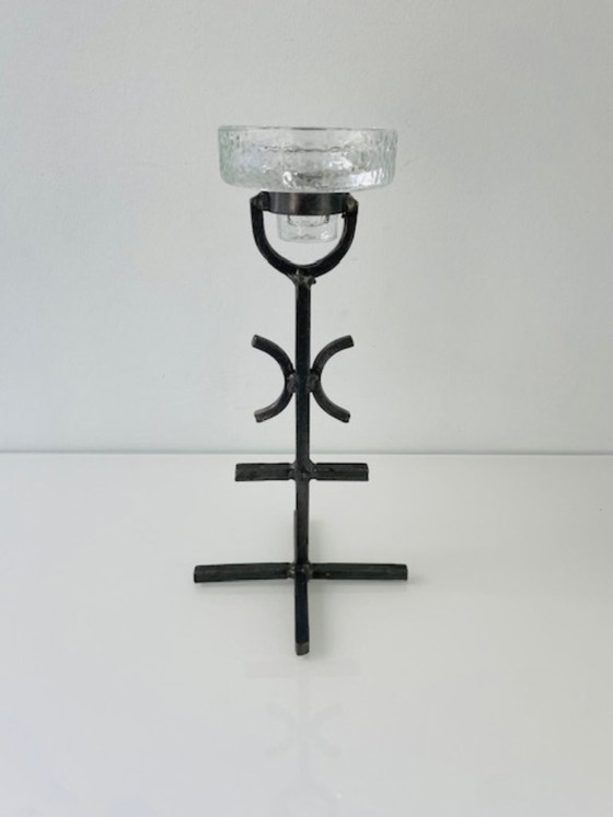 Image 1 of Rare vintage Brutalist candlestick – wrought iron & glass