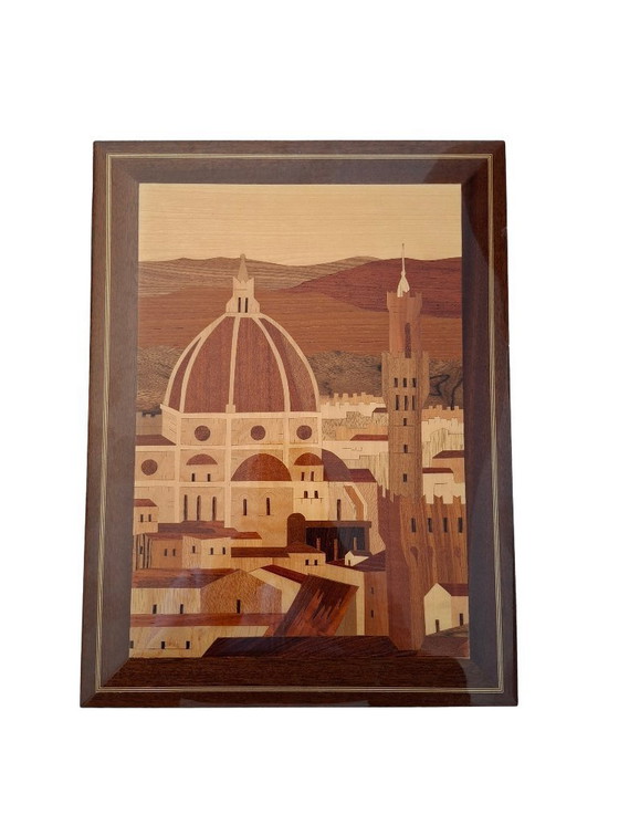 Image 1 of Peinture artisanale en marqueterie de bois représentant le panorama de Florence (dôme de Brunelleschi)