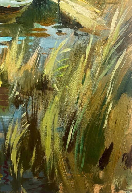 Image 1 of Peinture à l'huile originale représentant un paysage côtier au coucher du soleil
