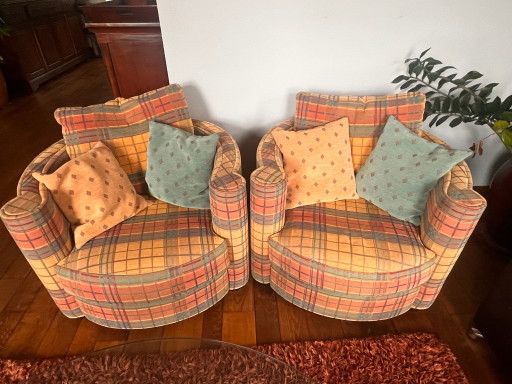 Set van 2 klassieke Roche Bobois fauteuils met geruit wolmotief