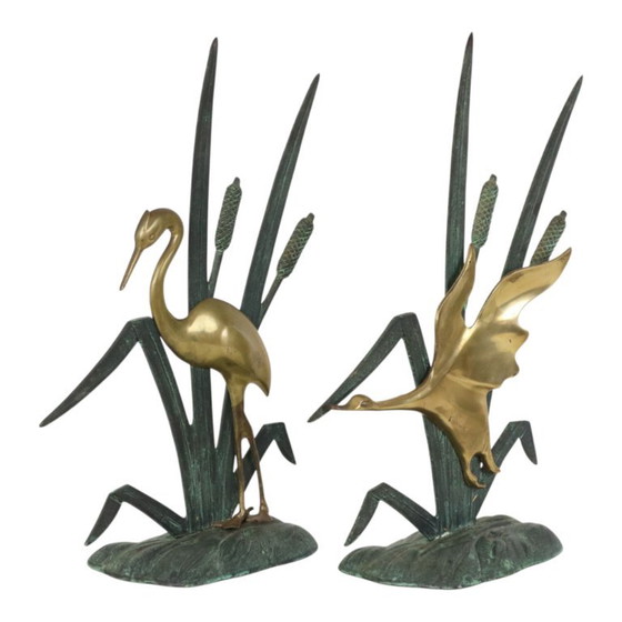Statuette di metà secolo raffiguranti un airone e un'anatra, in ottone e metallo verde, 35 cm. – Sculture (photo 3 of 13)