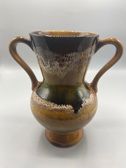 Vaso Sarreguemines, decorazione hawaiana, dipinto a mano, 2 manici, smalto fiammato marrone – servies, Ceramic, 1970