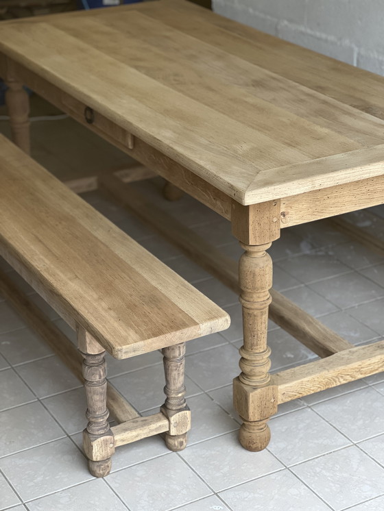 Image 1 of Farmhouse table and its 2 benches in solid oak