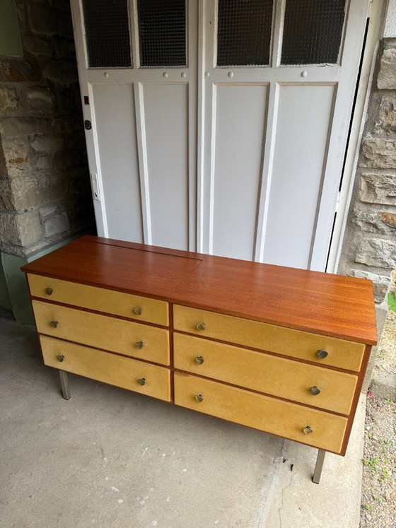 Image 1 of Enfilade commode coiffeuse Roger Landault années 50/60 suédine jaune