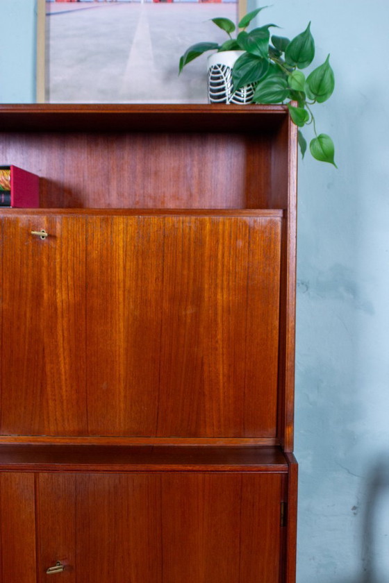 Image 1 of Vintage teakhouten secretaire, hoge kast, dressoir, dressoir, midden 20e eeuw