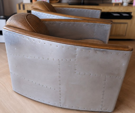 2 poltrone da aviatore in stile industriale – Alluminio e pelle vintage – fauteuils, Leather, Metal (photo 2 of 5)