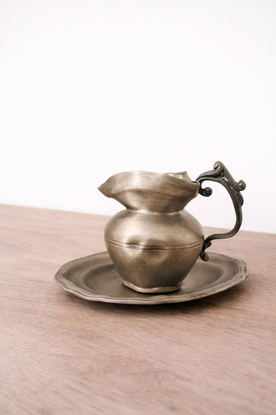 Image 1 of Small antique pewter pitcher with handle – Pitcher and tray set – Antique tableware