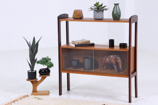 Vintage teak glass chest of drawers 60s | retro glass bar - Mid - Century console table display cabinet wood design #07-62