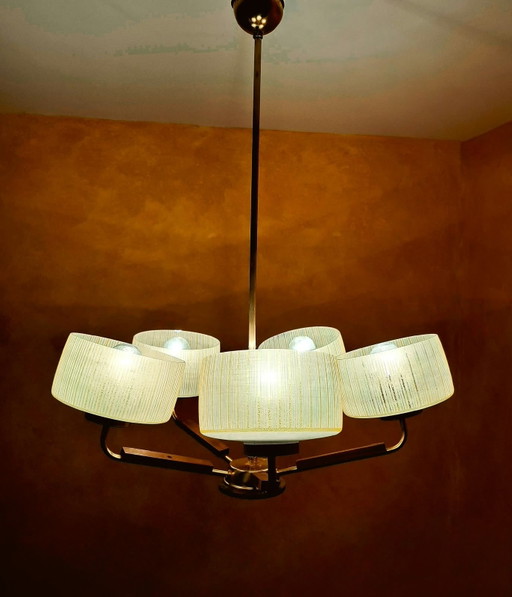 Mid-Century Modern Chandelier - 5-arm - Brass, Teak & Textured Glass - 1950s/1960s Brass,