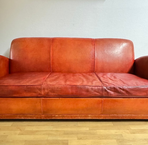 Image 1 of Brocantique Jacques Adnet Art Deco Set: Leren bank, fauteuil en poef