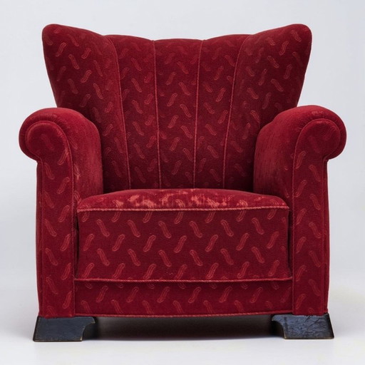 Fauteuil relax danois des années 1950, laine rouge pour meubles, bois de chêne.