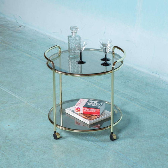 Image 1 of Vintage trolley brass & smoked glass Space age bar cart brass