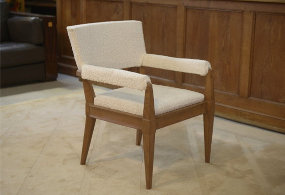 Image 1 of Modernistische Art Deco fauteuil in essen en ecru bouclé stof van Pierre Gouffé, jaren 40