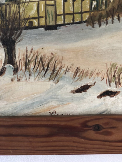 Peinture à l'huile originale vintage représentant un paysage d'hiver encadré : œuvre d'art originale représentant un cottage.