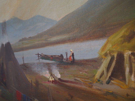 Image 1 of Peinture "The Riverside Camp", design scandinave, 19e siècle, par Vilhelm Oskar Engström