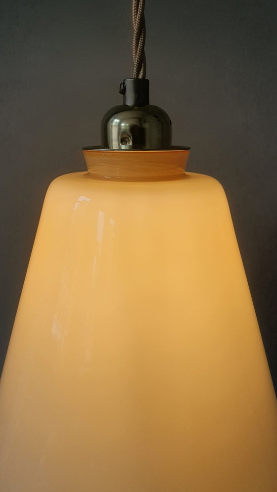 Image 1 of Large Vintage Opaline Conical Pendant Lamp in Amber / Soft Yellow Art Deco Style