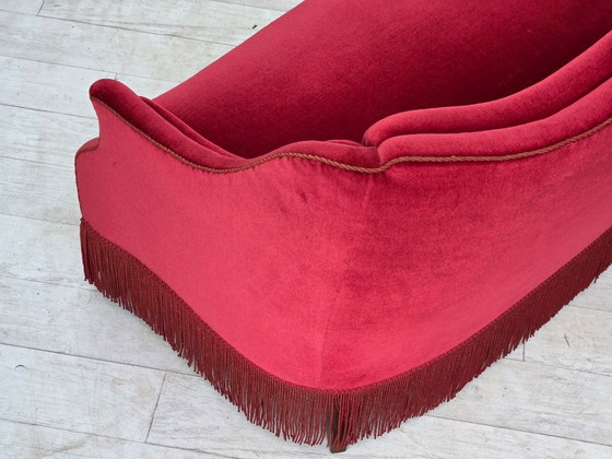 1970s, Danish 2-Seater Sofa, Red Furniture Velour, Ash Wood Legs. – 2 seaters, Velvet (photo 9 of 20)