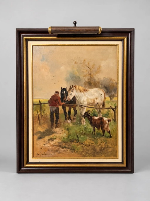 Henry Schouten – Gesigneerd pastoraal schilderij met paarden en geit