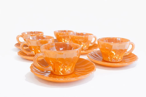 Vintage Anchor Hocking Fire-King Kaffeeservice mit pfirsichfarbenem Schimmer – Mid-Century Modern – ca. 1940-1950