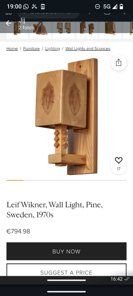 Leif Wikner, Applique da parete, Pino, Tessuto, Svezia, Anni '70