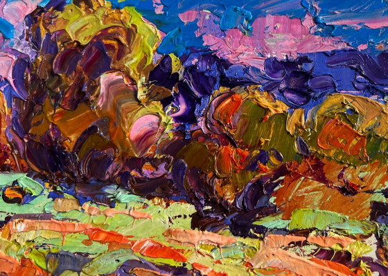 Image 1 of Original Oil Painting Sunset Field Landscape Autumn evening meadows
