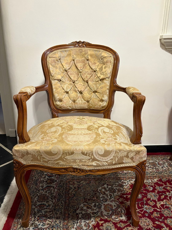 Pair of Vintage Louis XV Style Armchairs - Gold Brocade, Textile, Wood, Beige (photo 6 of 6)