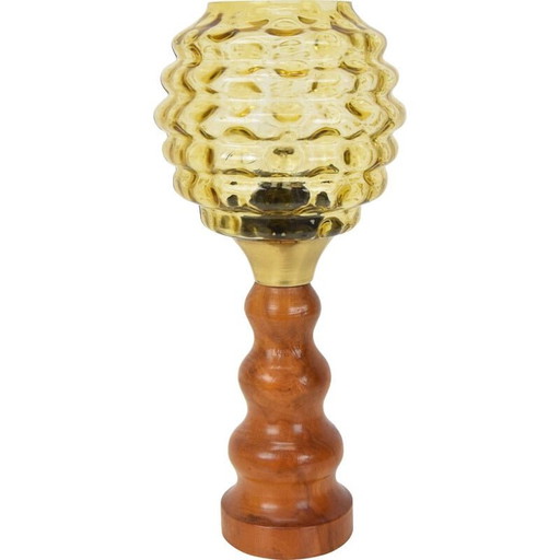 Vintage glass, wood and brass table lamp, Czechoslovakia 1960