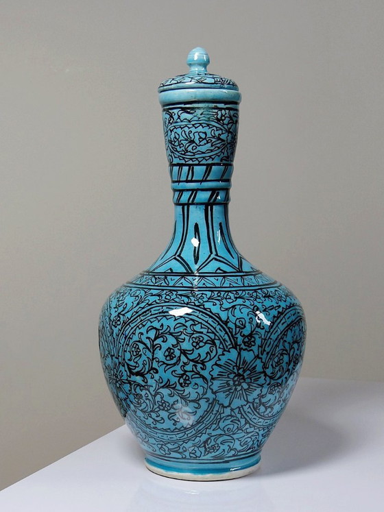 Image 1 of Covered vase or Persian jar, glazed Iznik pottery, turquoise painted, vintage