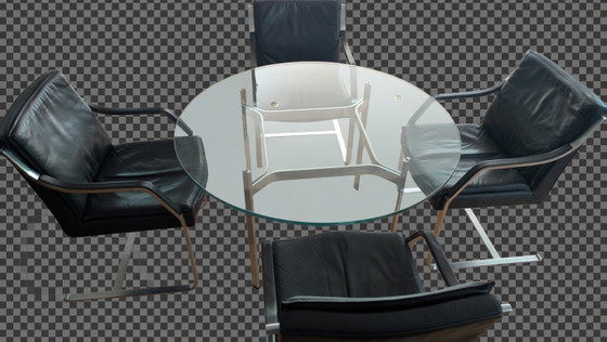 Image 1 of 4 zwarte lederen stoelen Freischwinger Alpha + glazen tafel, vintage set, Art Collection - Walter Knoll