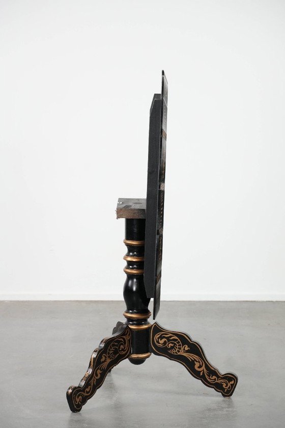 Image 1 of Antique English hand-painted floral tilt-top table from the late 19th century