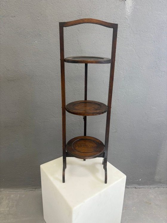 Image 1 of Vintage 3-Tier Cake Stand Dark Wood Serving Stand 1920s Europe