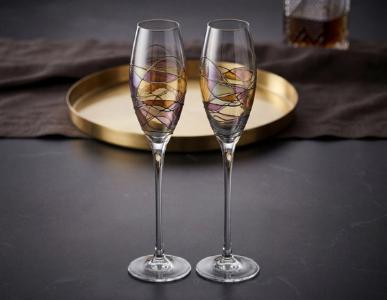Image 1 of 4 calici da champagne Paul Nagel Germany, soffiati a mano, dipinti a mano e con decorazioni dorate.