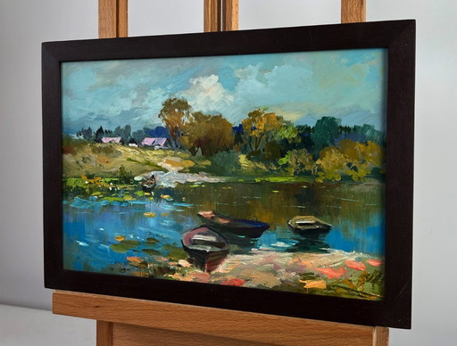 Original Oil Painting Summer River Landscape Crossing to the other bank