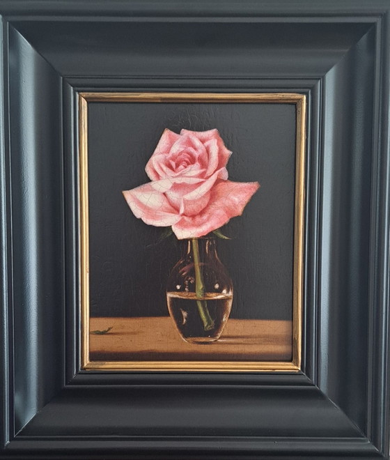 Natura morta con una rosa rosa di Patrick Farrell, Arte, Legno, Tela, Nero (foto 3 di 8)