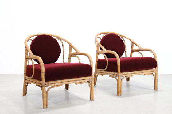 Image 1 of Set of 2 bamboo and rattan armchairs with Bordeaux red Mohair