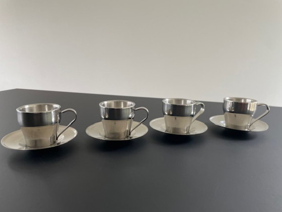 Image 1 of Set of 4 stainless steel espresso cups with saucers