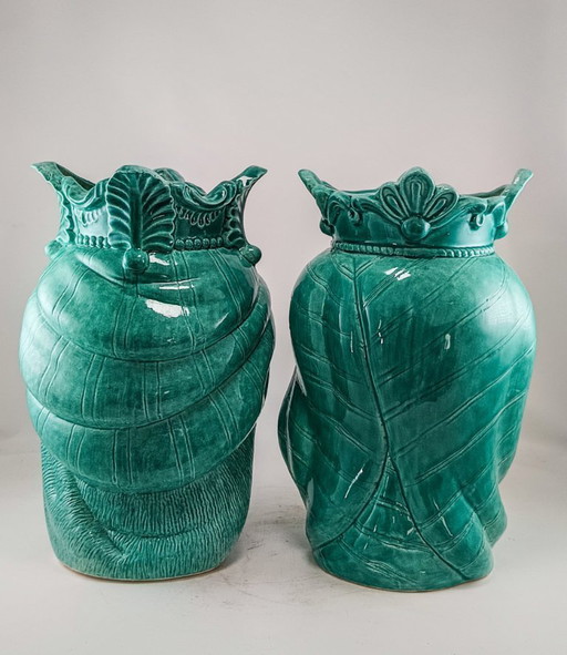 Pair of green majolica Moor's head vases - Sicily