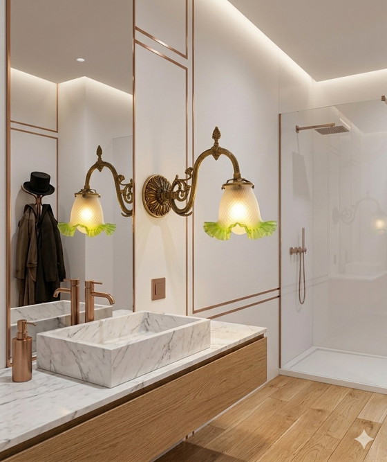 Image 1 of Wandleuchte im Stil Louis XVI. – Um 1930 – Ziselierte Bronze und Glaskugel aus Opalglas